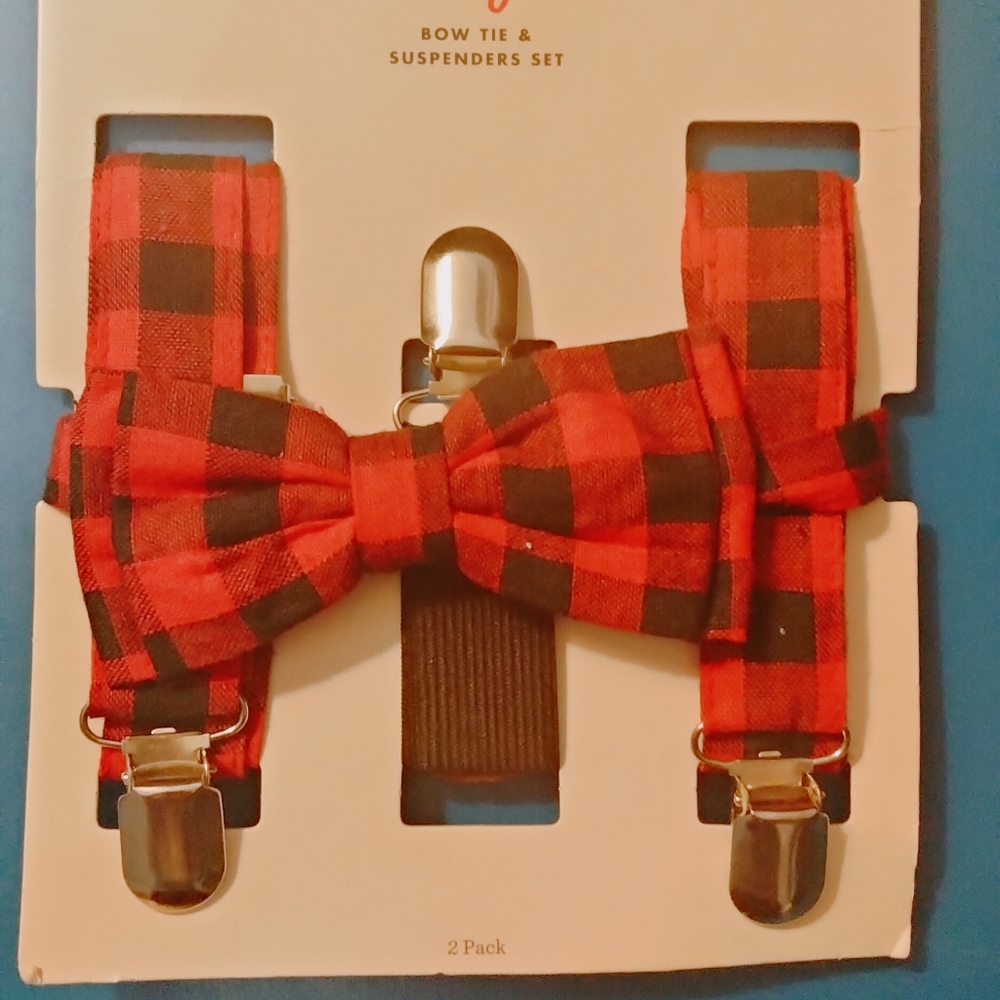 NWT Cat & Jack Bow Tie & Suspenders Set Red & Black Plaid Ages 3+ (OS)